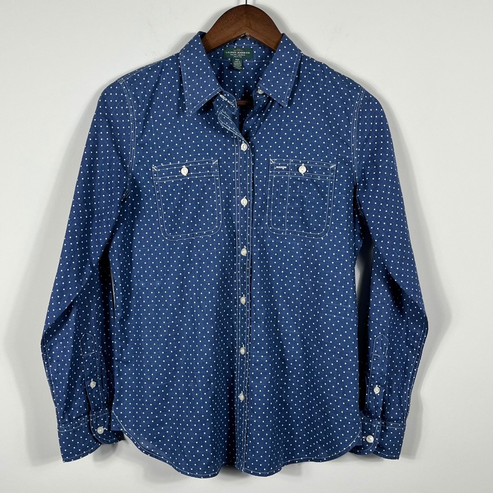 Lauren Ralph Lauren Jeans Co Polka Dot Button Down Shirt Blue White Petite PM